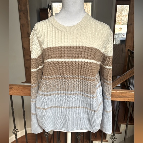 Design History ivory cream colorblock taupe blue stripe tan crewneck sweater - Picture 2 of 6